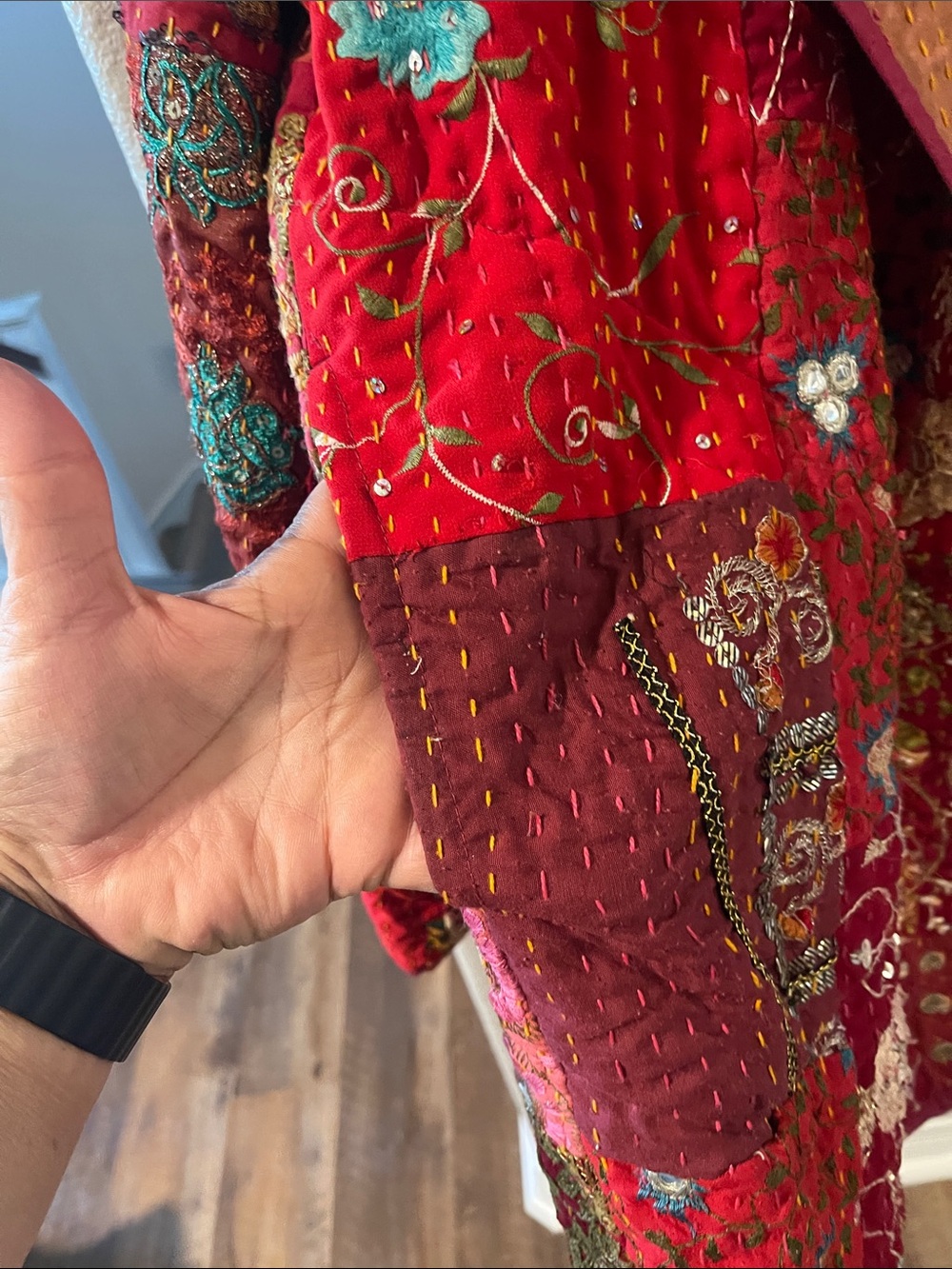 Red Patchwork Kantha Quilted Jacket with Embroidery XL-1X Kantha Jacket - Picture 5 of 15